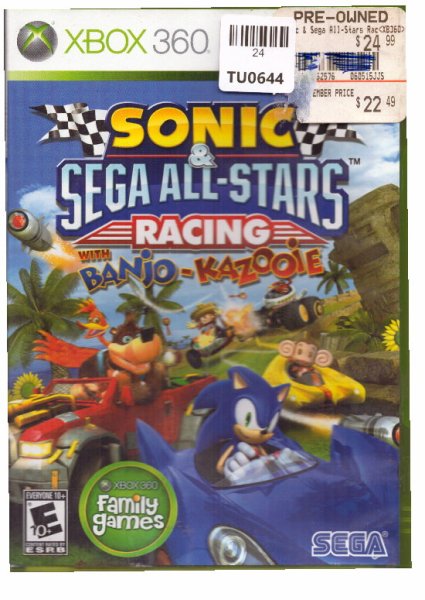 Sonic Sega All Star Racing Video Game, X Box 360, Microsoft, 24TU-0644