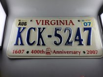 Virginia License Plate, Sticker August 2007, Tag KCK-5247,  25-3000