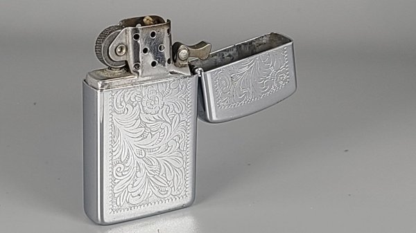 Zippo Lighter, Flip Lid, Silver Tone, Scrolled, 24-1604